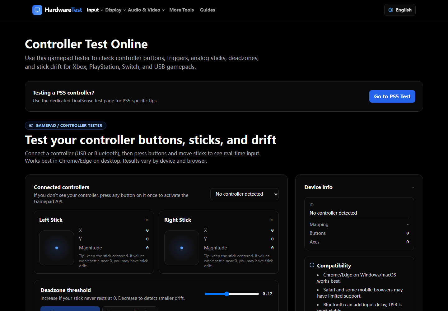 HardwareTest.org controller test showing buttons and axis positions