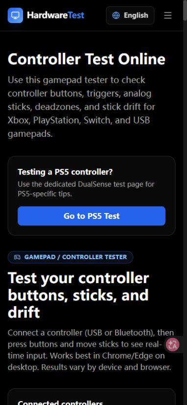 HardwareTest.org controller test in a narrow viewport