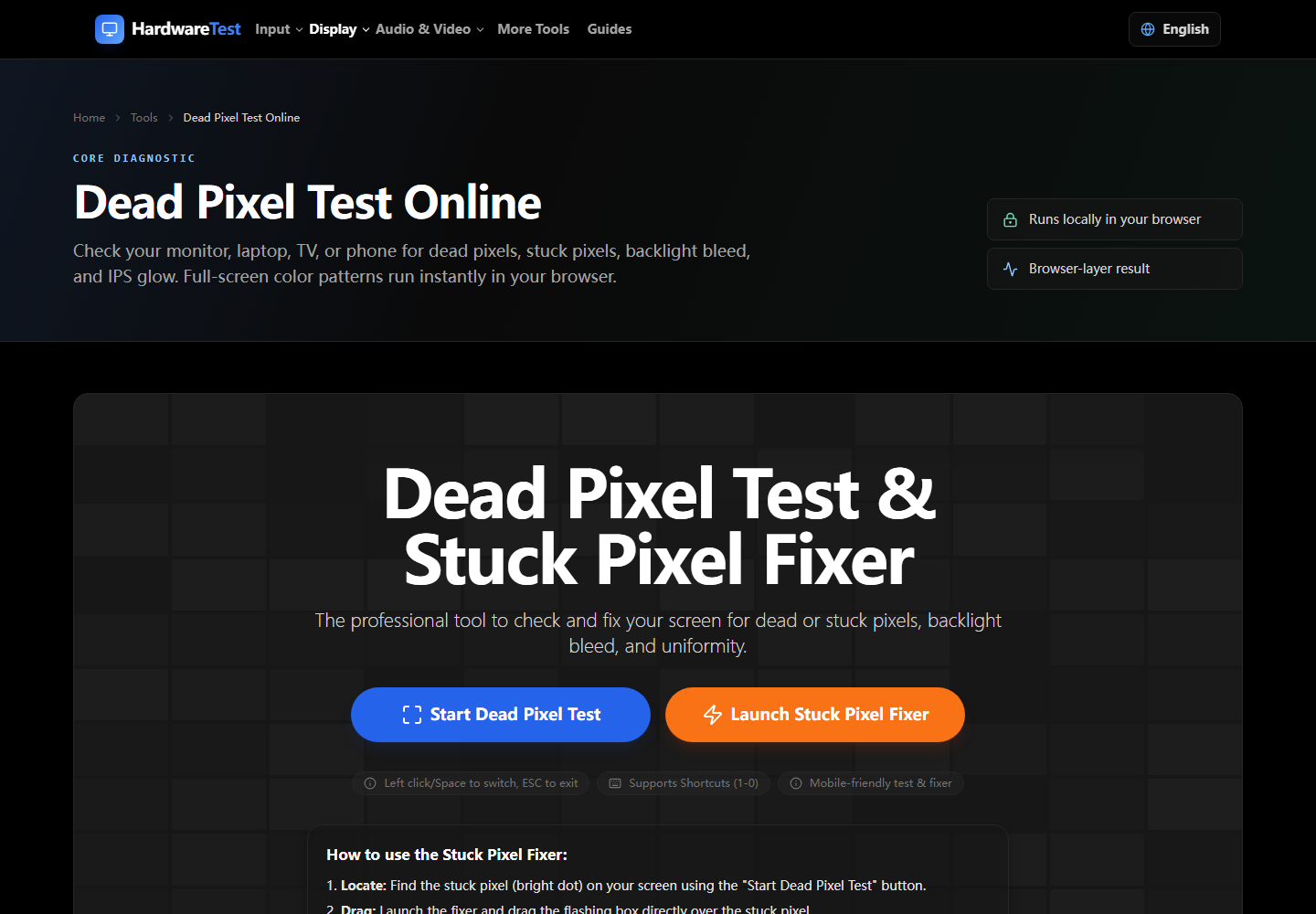HardwareTest.org solid-color display controls used for a dead pixel inspection