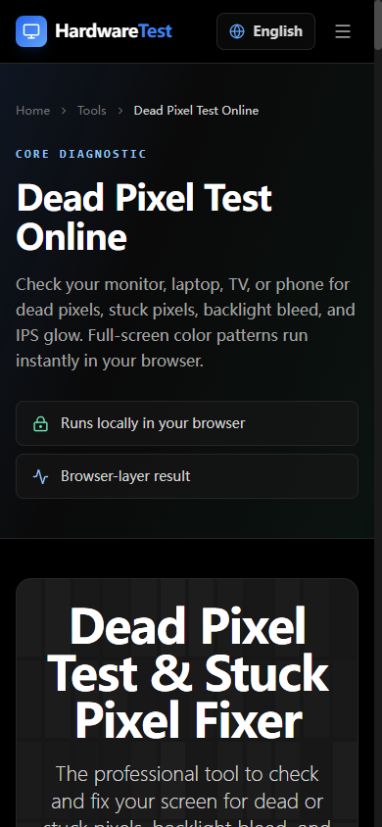 HardwareTest.org dead pixel test in a narrow viewport