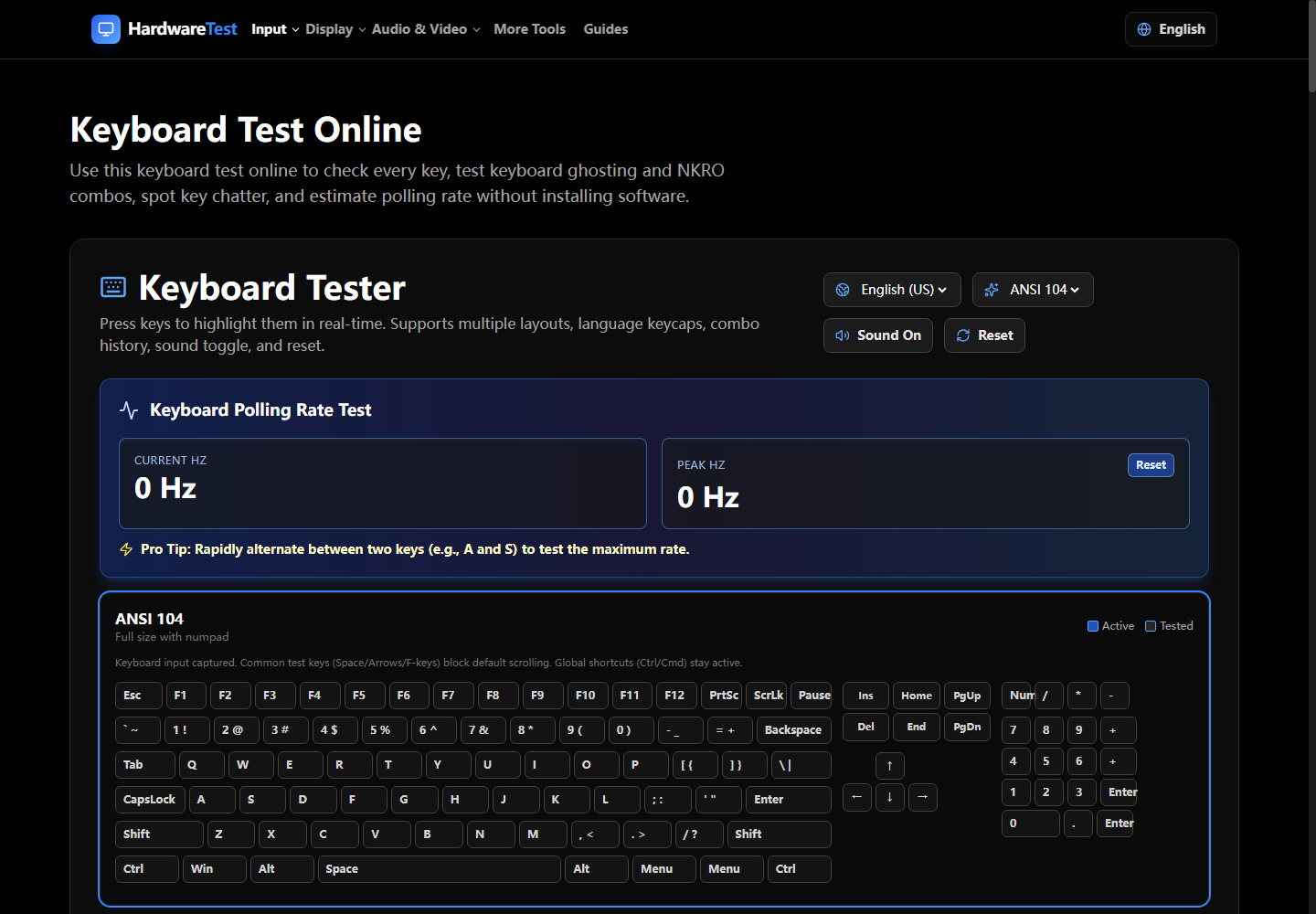 HardwareTest.org keyboard test showing browser-visible key states