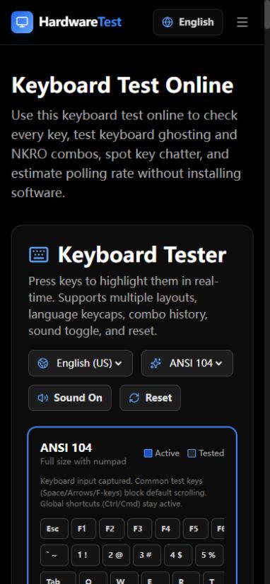 HardwareTest.org keyboard tester in a narrow mobile viewport