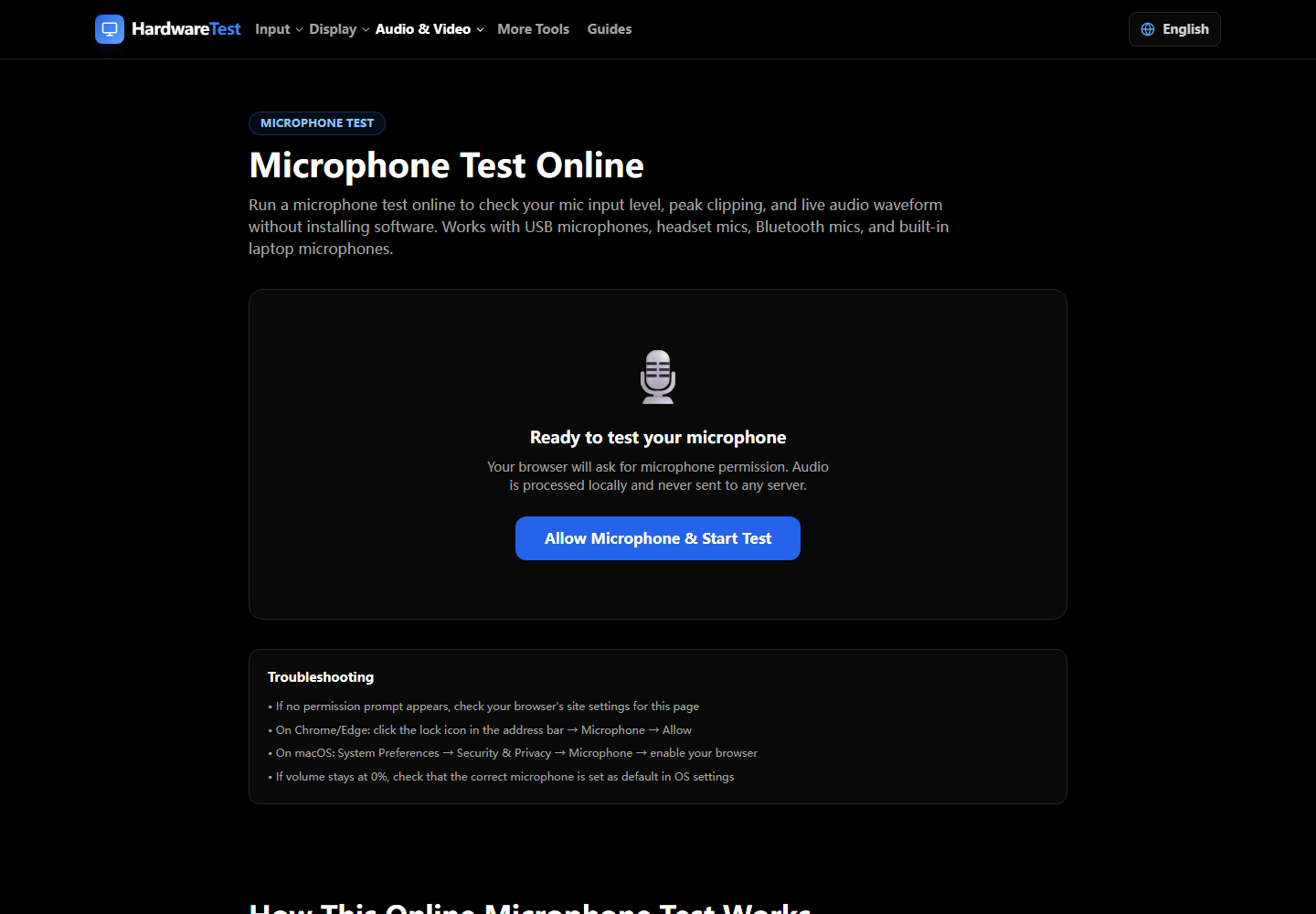 HardwareTest.org microphone permission and level test on desktop