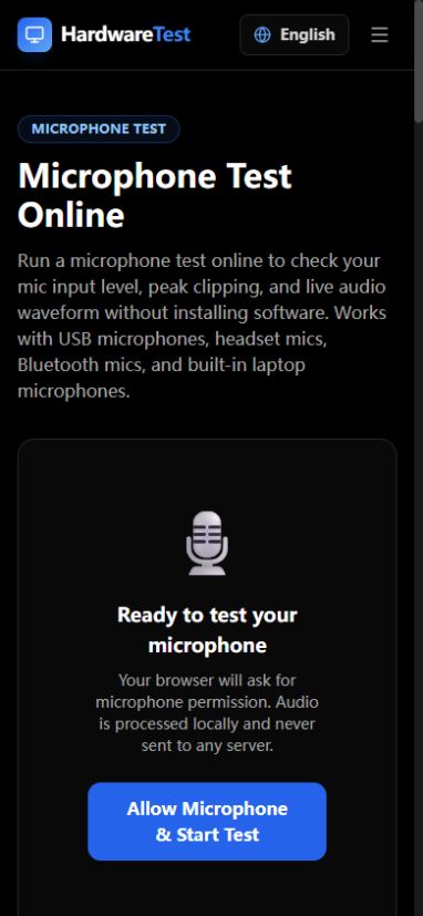 HardwareTest.org microphone test in a narrow viewport