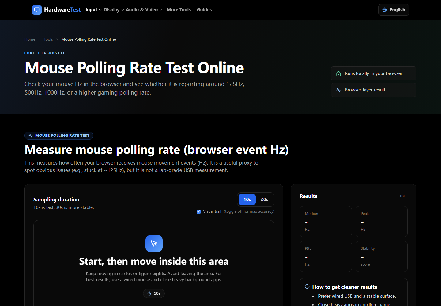 HardwareTest.org mouse polling rate test with browser-observed timing results