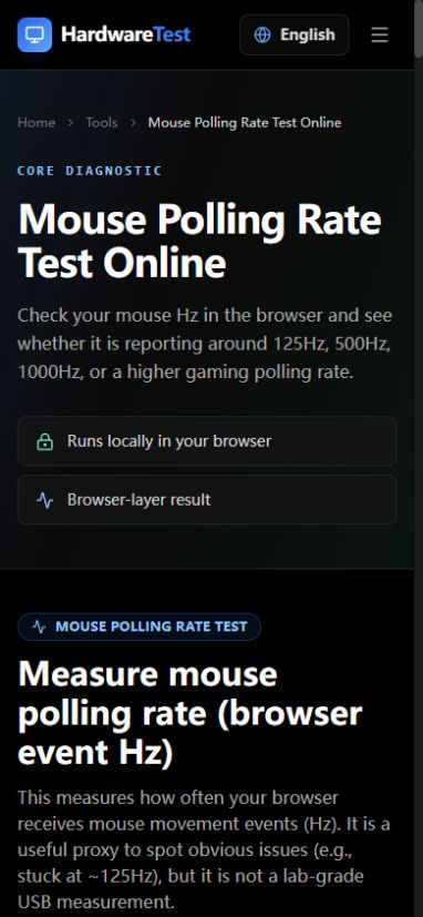 HardwareTest.org mouse polling rate test in a narrow viewport