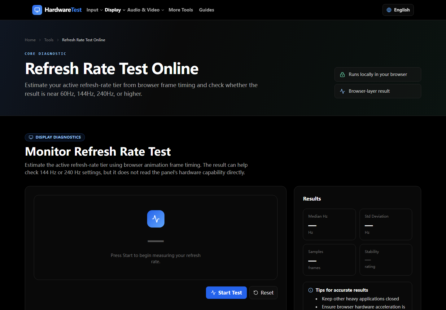 HardwareTest.org refresh rate test displayed on desktop