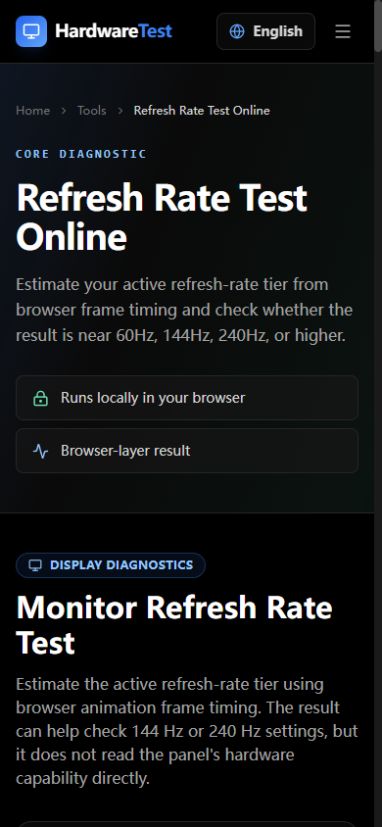 HardwareTest.org refresh rate test in a narrow viewport