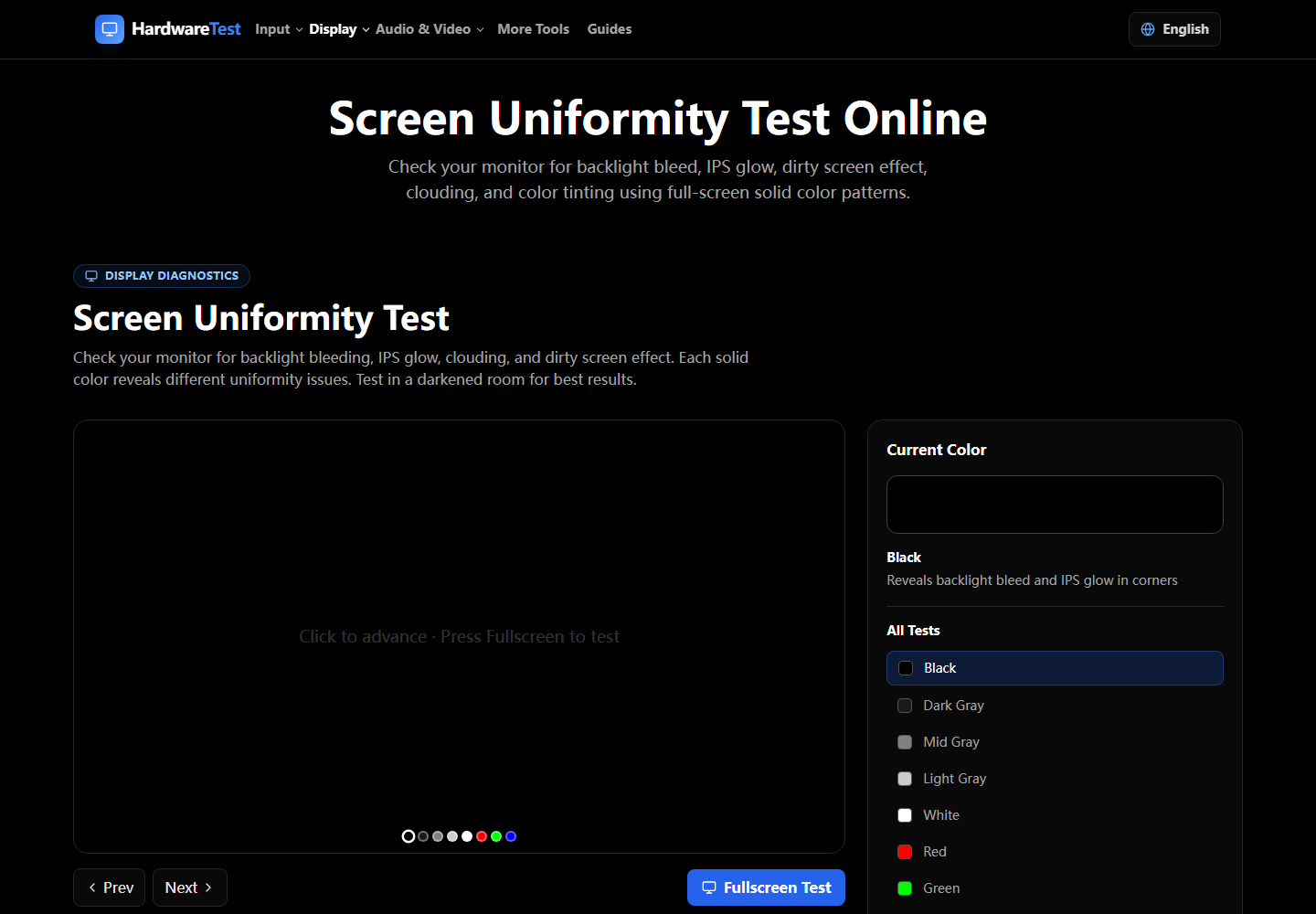 Gray pattern controls in the HardwareTest.org screen uniformity test