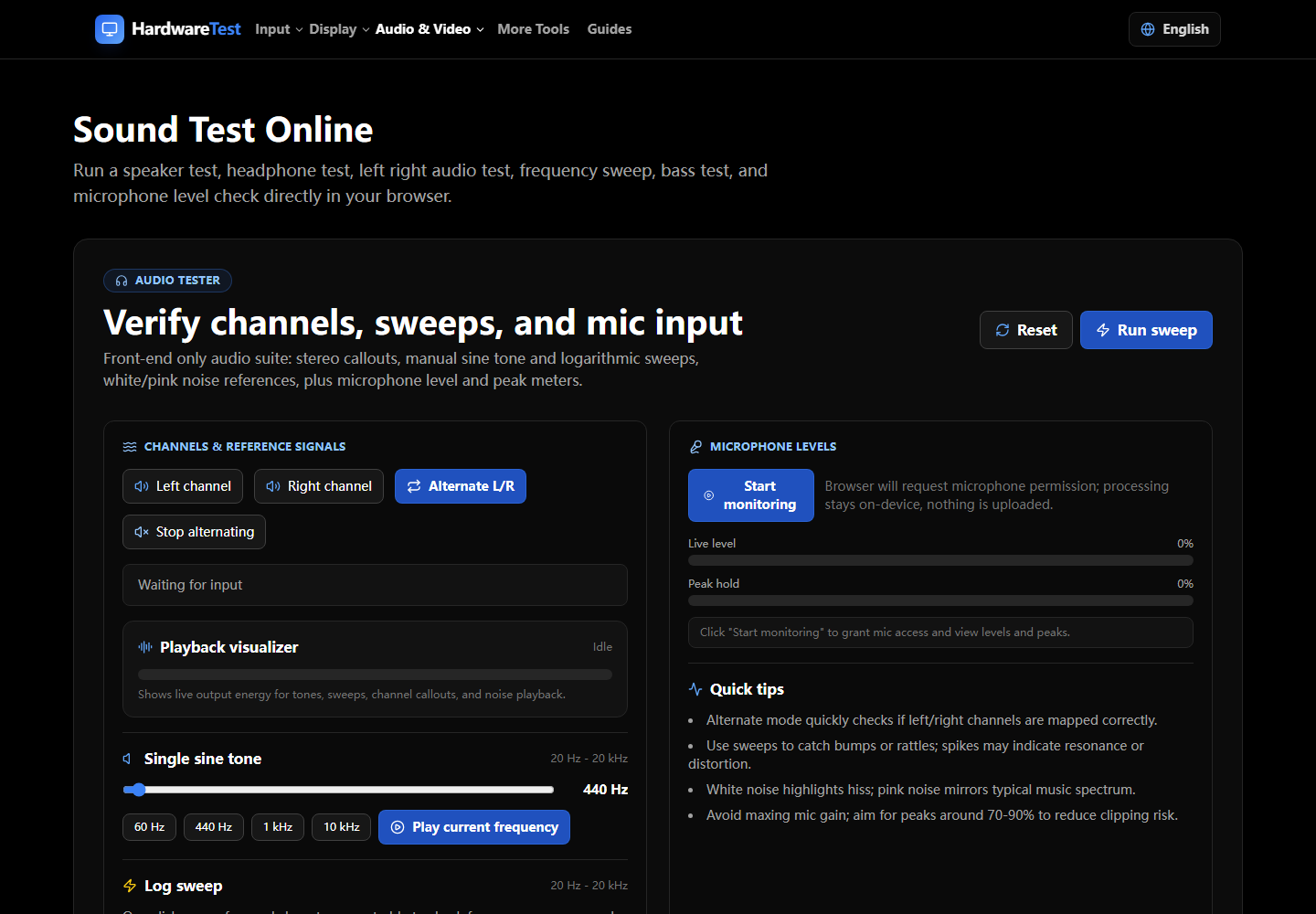 HardwareTest.org sound test with left and right channel controls