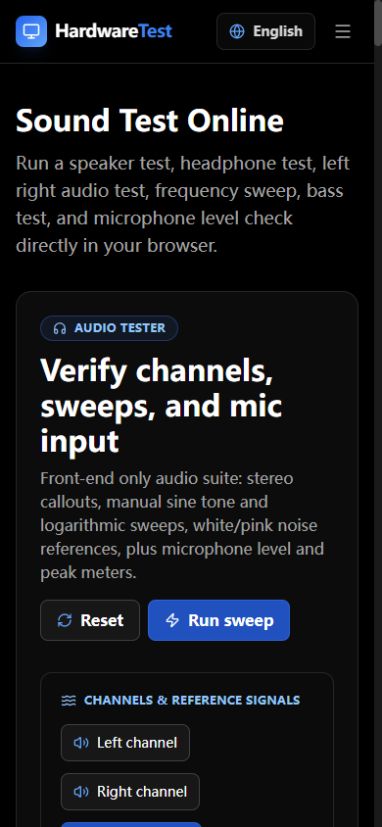 HardwareTest.org stereo sound test in a narrow viewport