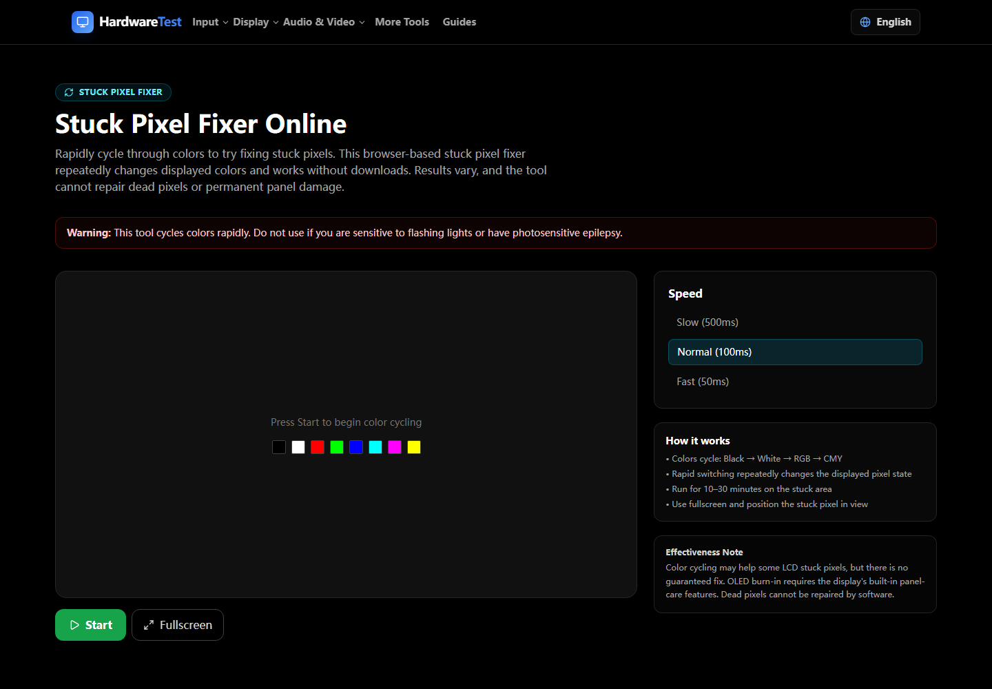 HardwareTest.org stuck pixel fixer warning and controls